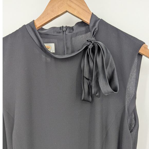 Talbots Petite Black Midi Dress Bow Neck Sleeveless Size 14P Korea Silk Accent - Picture 2 of 5